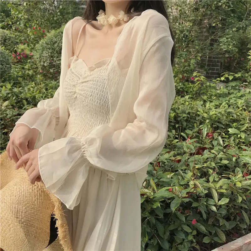 2024 Summer Cardigan Women Long-sleeved Solid Color Flare Sleeve Korean Style Office Lady Versatile Casual Chiffon Blouse Female