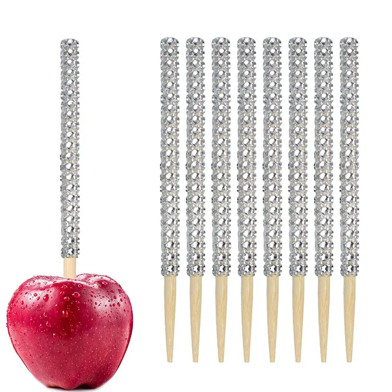 10pcs Bling Candy Apple Bamboo Sticks Caramel Apple Wooden Pointed Skewers Rhinestones Diamond Mesh Wrap Fruit Treats cake Pop