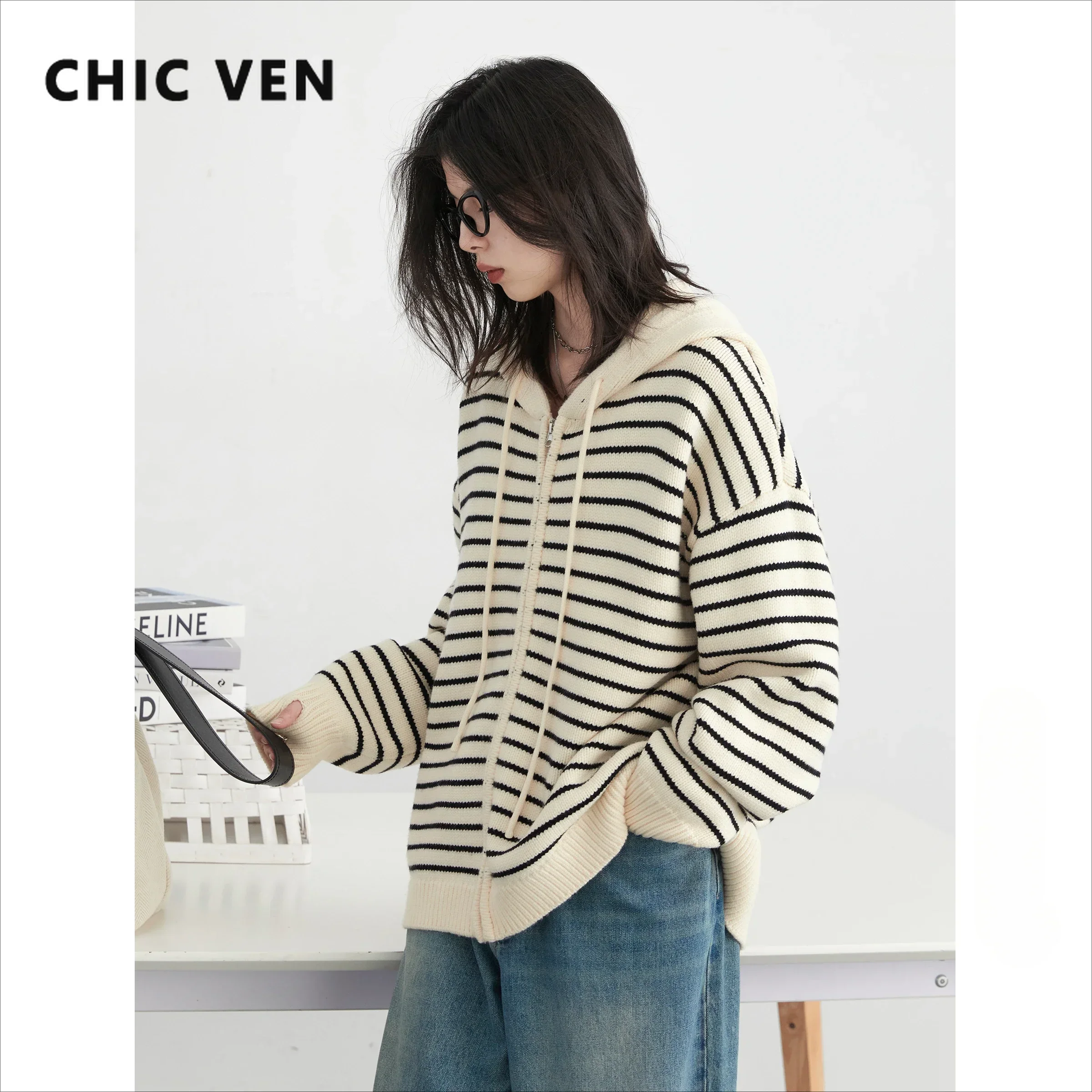 CHIC VEN Women Cardigan Long Sleeves Loose New Drawstring Hooded Striped Sweater Female Loose Knit Jumpers Autumn Spring 2024