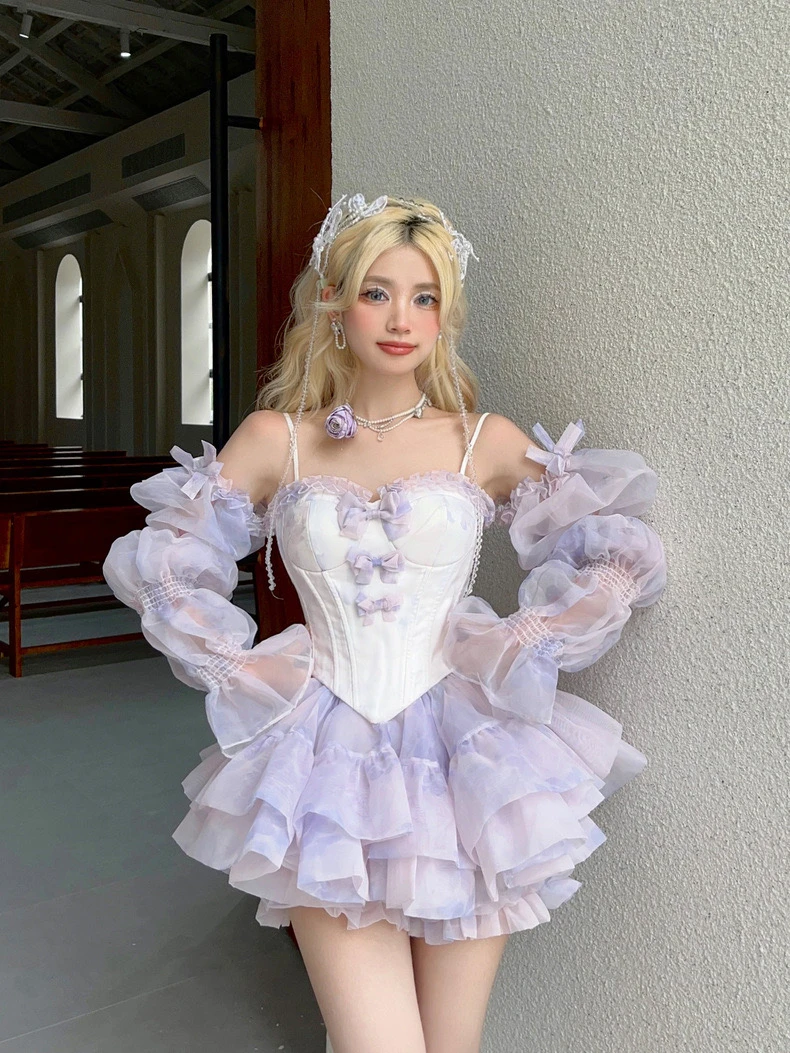 로리타 이브닝 드레스 트레일링 퍼플 여성 하이 엔드 틈새 튜브 탑 생일 슈퍼 페어리 성인 행사 Pettishirt