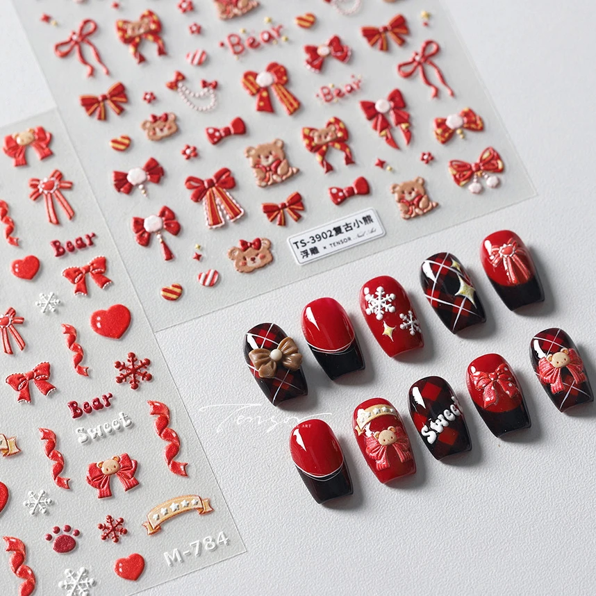 Little Bear Love Heart Star Snow Ribbon Red Bowknot Sweet Footprint Flower Adhesive Nail Art Stickers Snowflake Manicure Decals