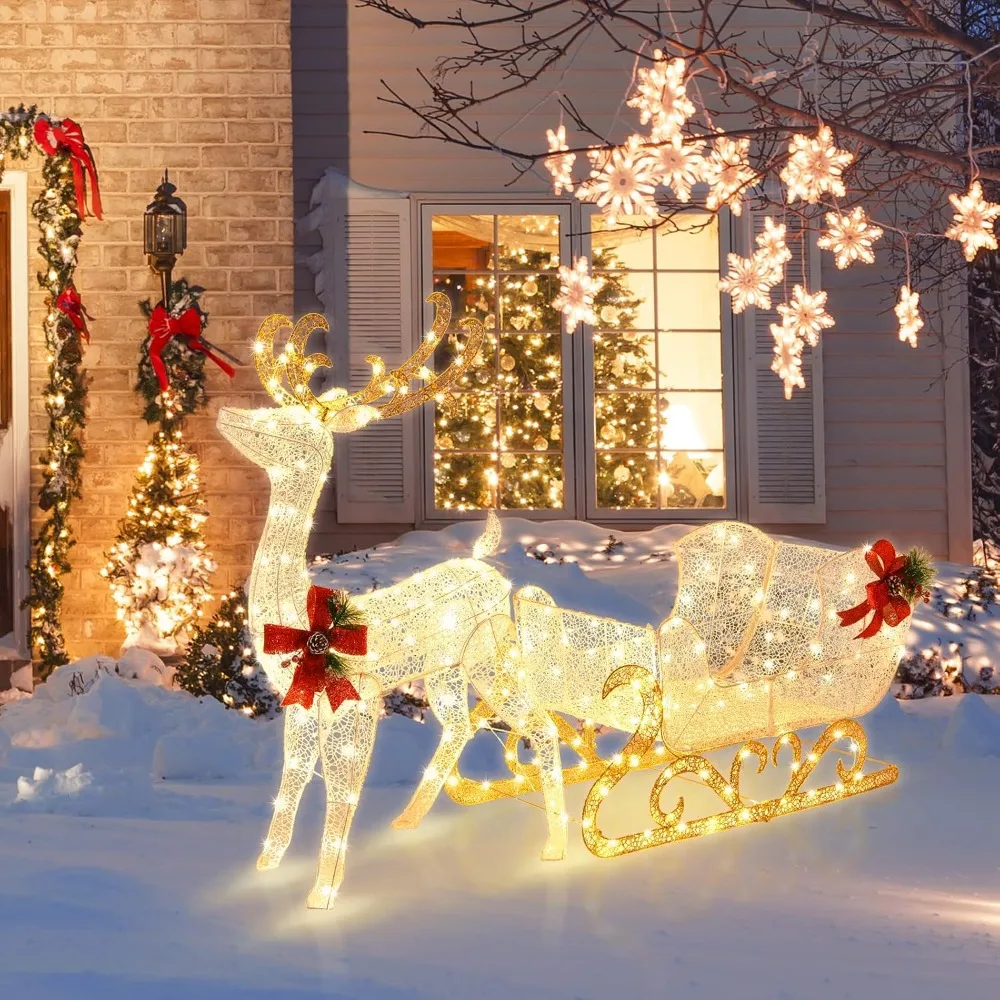 

6 FT Christmas Lighted Reindeer & Santa’s Sleigh, Xmas Lighted Outdoor Yard Decoration W/ 215 LED Lights & 4 Ground Stakes