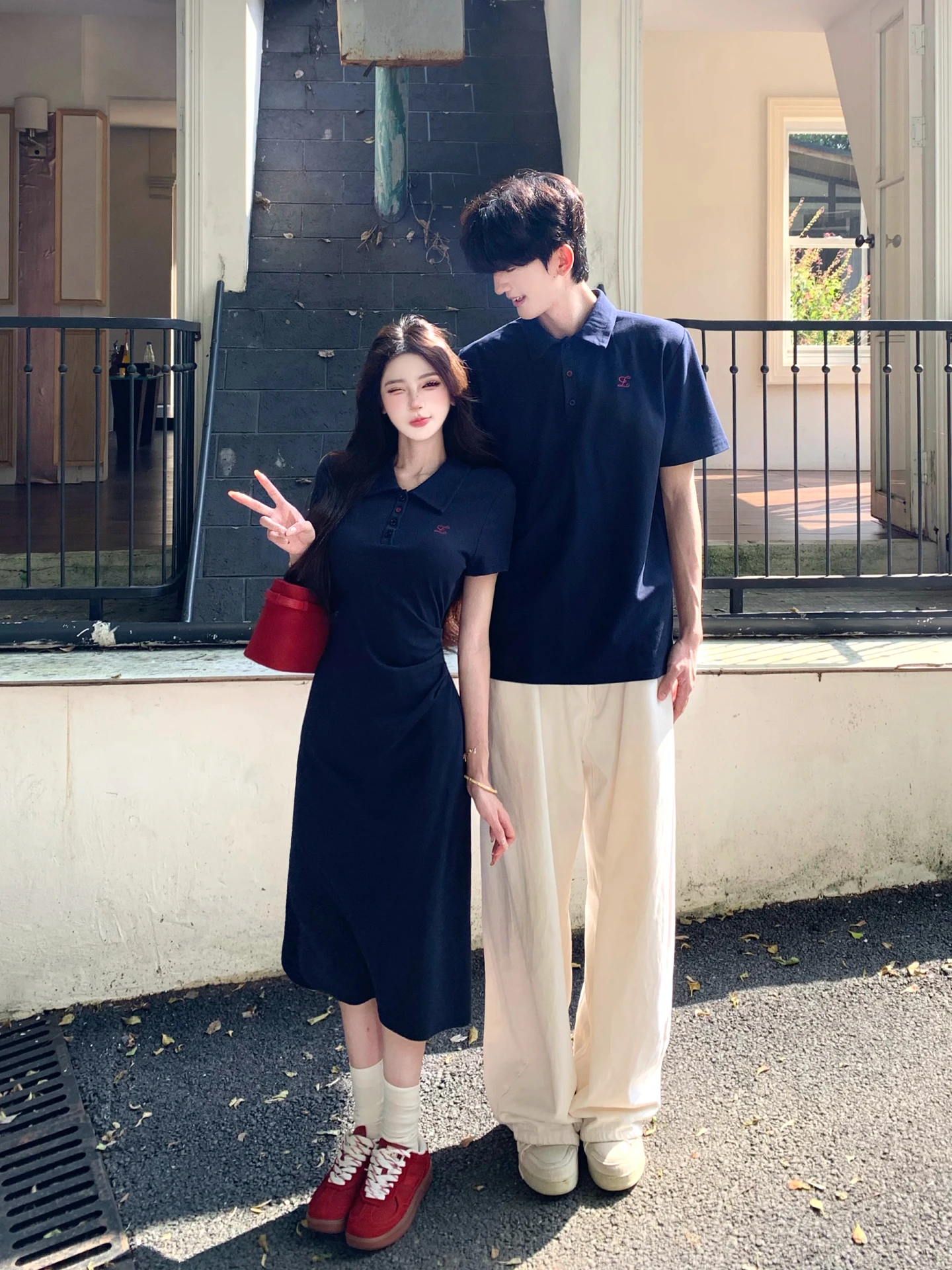 Couples Matching Short Sleeve  Neck T-Shirt And Skirt Set Mid-Length Drawstring Waist Gored Skirt Breathable Skin-Friendl...