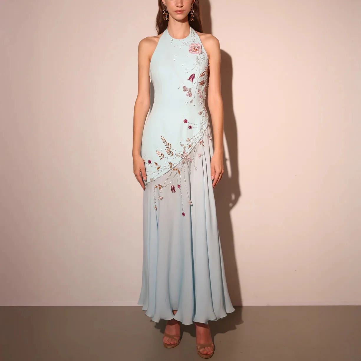 

Customized Sky Blue High Quality Evening Dress Halter for Floor-Length with Beading A-Line for Formal Evening Vestidos De Fiesta