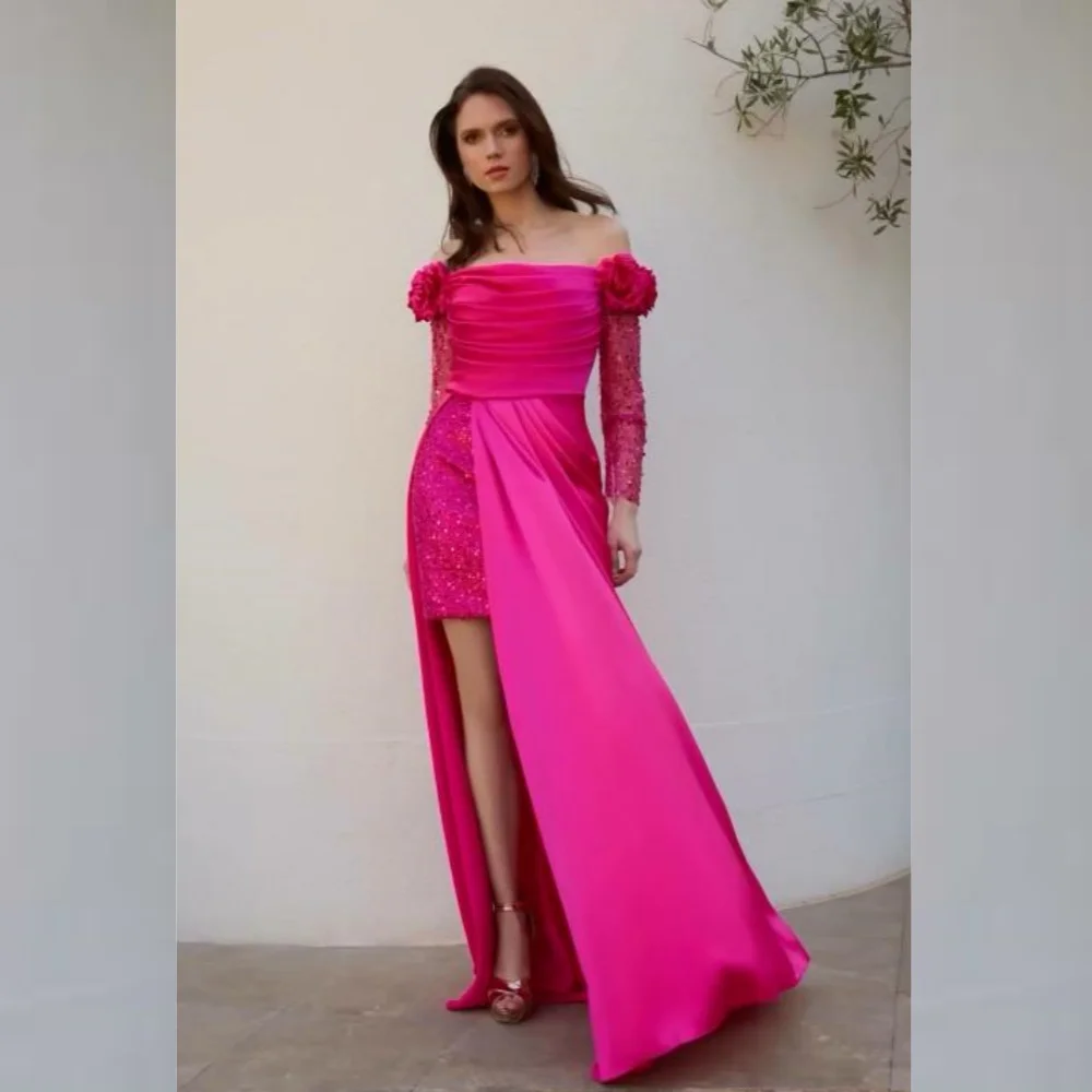 Vestido de graduación con lentejuelas y flores, traje largo fruncido con hombros descubiertos para el Día de San Valentín, a medida