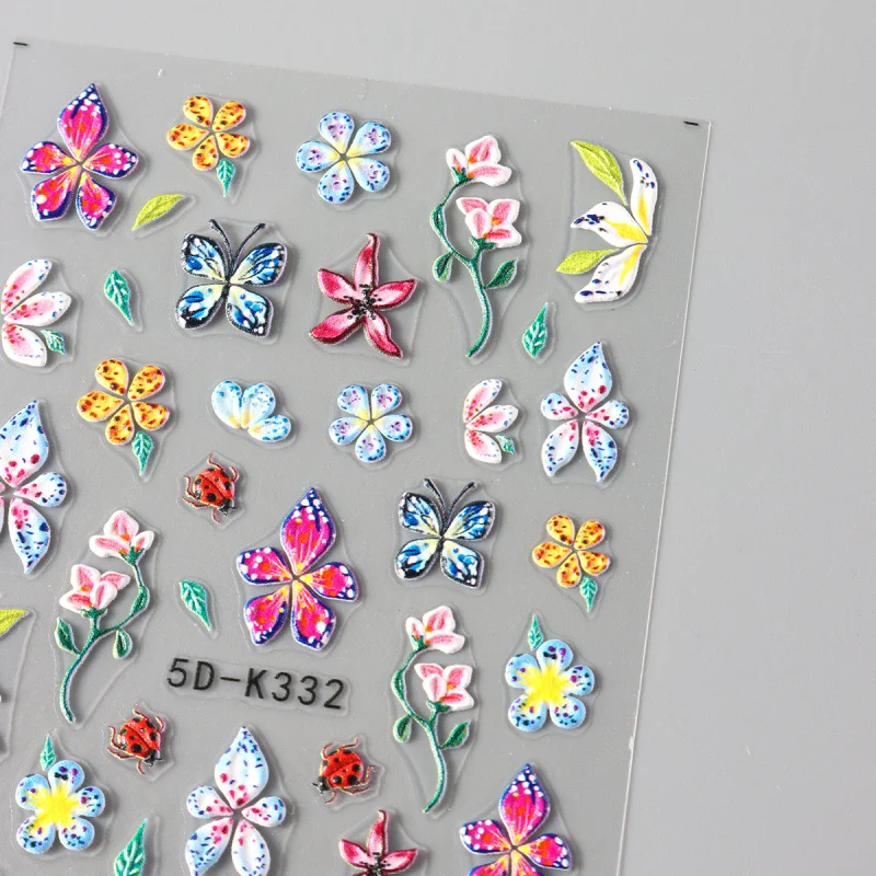 5D tłoczony kwiat motyl naklejki na paznokcie kolorowe kwiatowe płatki projekt naklejki do paznokci akrylowy samoprzylepny suwak wystrój