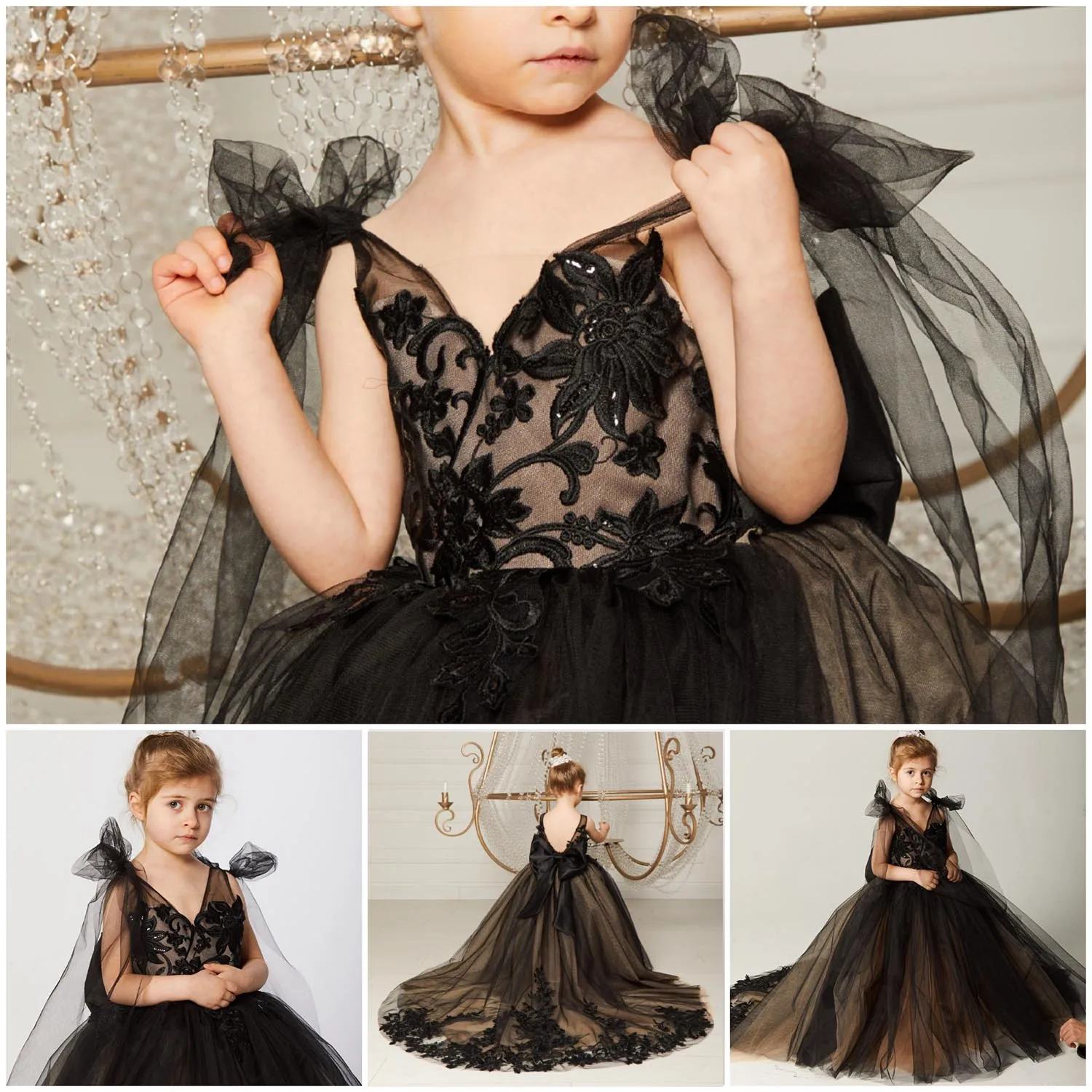 Double V Neck Flower Girl Dresses With Bow Toddlers Lace Tulle Princess Pageant Dress Kids Brush Train Wedding Party Gown