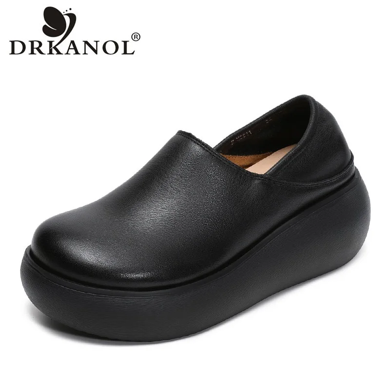 DRKANOL Fashion Women Platform Slip On Loafers Spring Autumn Round Toe Genuine Leather Wedges Heel Height Increasing Retro Shoes