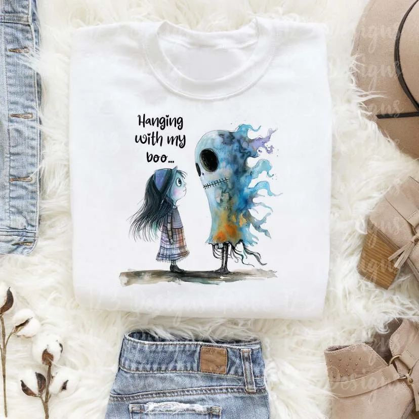 Hanging with My Boo Graphic Women's Cute White T-Shirt Halloween Round Neck Short Sleeve Women's Regular Top Casual T-Shirt