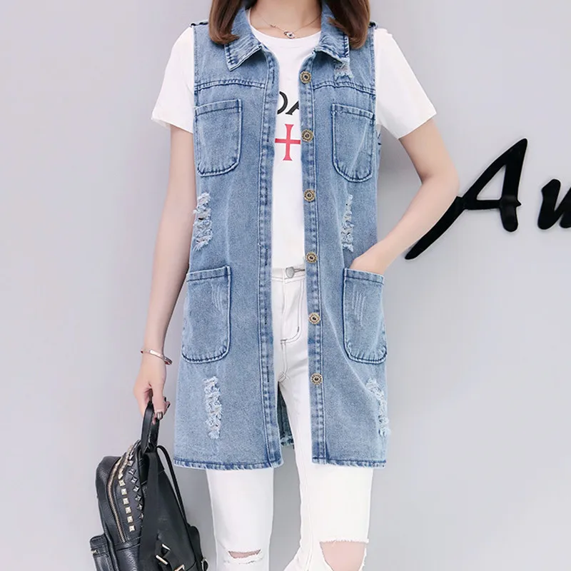 

Women's Denim Vests 2022 Spring Summer Ripped Long Hole Jeans Waistcoat Femme Fahion Sleeveless Casual Jacket Outerwear