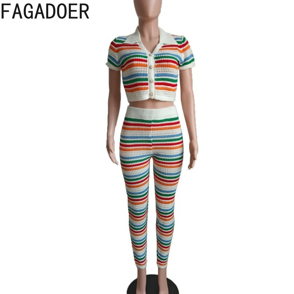 FAGADOER Fashion Color Stripes Knitting Two Piece Sets Women V Neck Short Sleeve Crop Top And Pants Outfits Female Streetwear