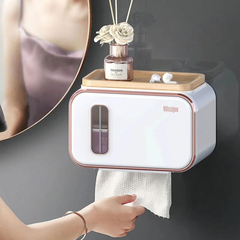 1pc Plastic Toilet Paper Roll Holder Wall Mounted Bathroom Tissue Box Punch Free Waterproof Storage Accessories Home