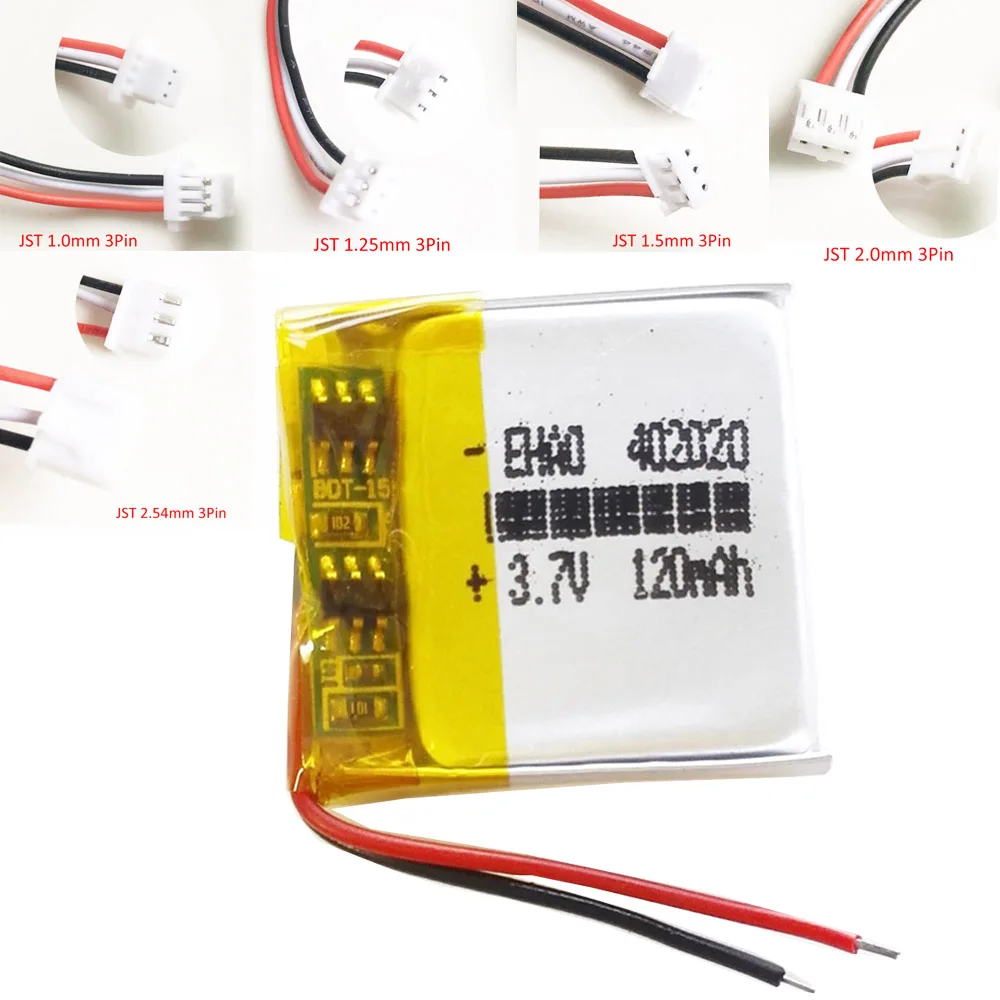 3.7V 120mAh akumulator LiPo 402020 wtyk JST 3Pin 1.0/1.25/1.5/2.0 do Mp3 GPS słuchawki z Bluetooth zestaw słuchawkowy inteligentny zegarek