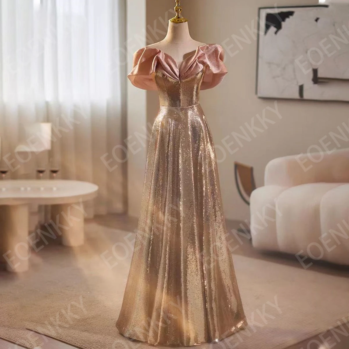 

EOENKKY Gold Sequin Sparkly Prom Dress Glitter Off Shoulder A Line Formal Evening Party Dresses Woman Customized فساتين سهرات