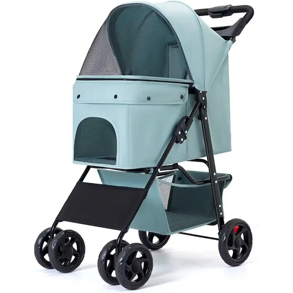 

4-Wheel Pet Stroller with Swivel Front and Locking Rear Wheels, Shock Absorbers, and Mesh Windows for Dogs and Cats