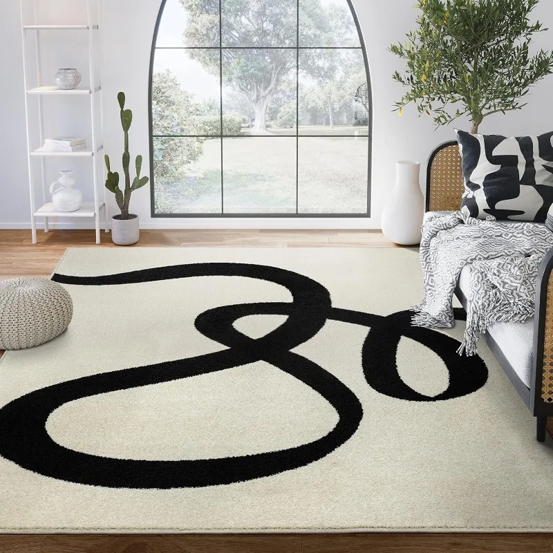 

Abani Abstract Beige/Black Area Rug - 5'x8' - Modern Curved Line Design - Deco Collection