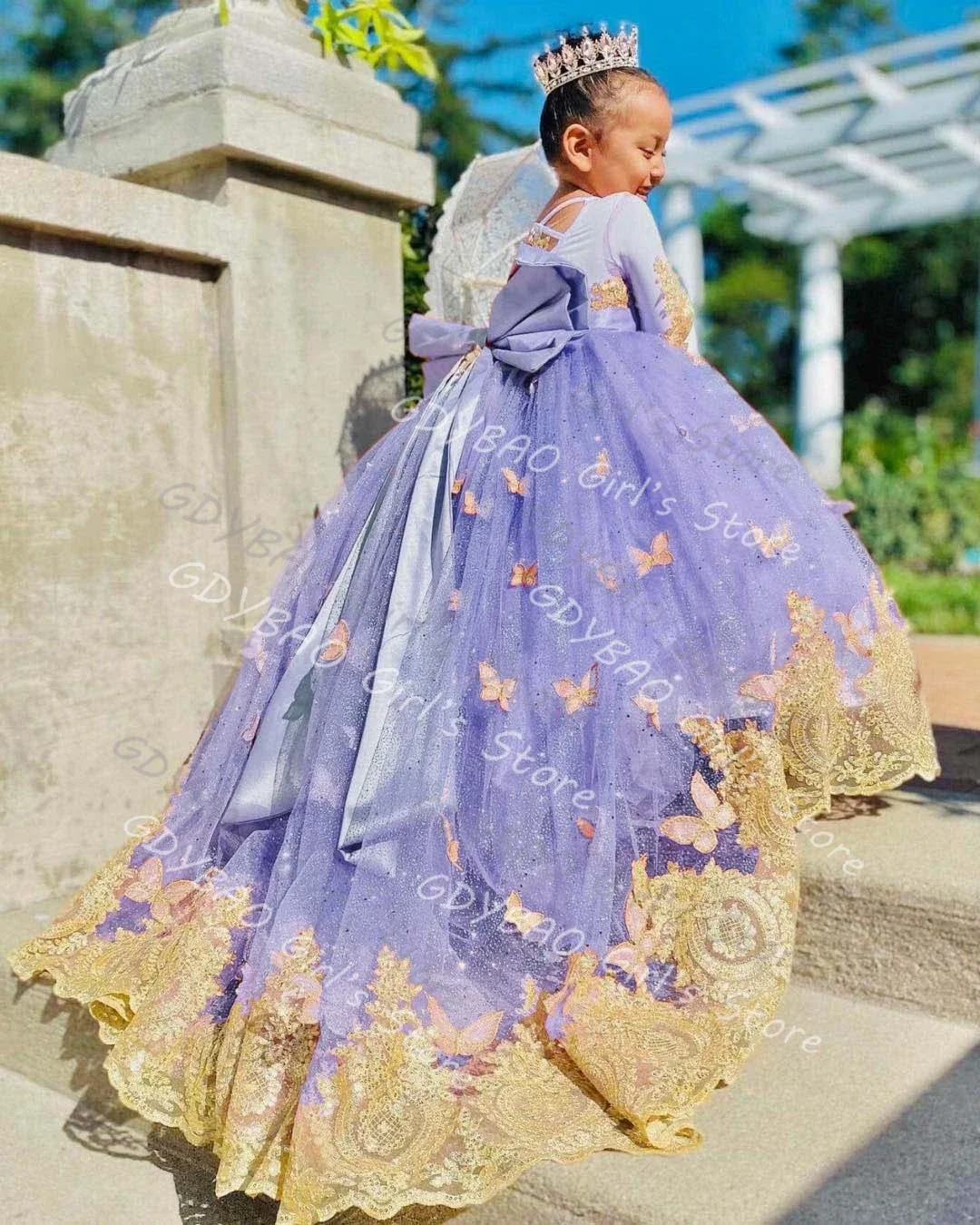 Vestido de princesa de encaje dorado para niñas, vestido rosa de manga larga para boda, vestido de niña de flores con lazo, vestidos de cumpleaños para desfile, hechos a medida