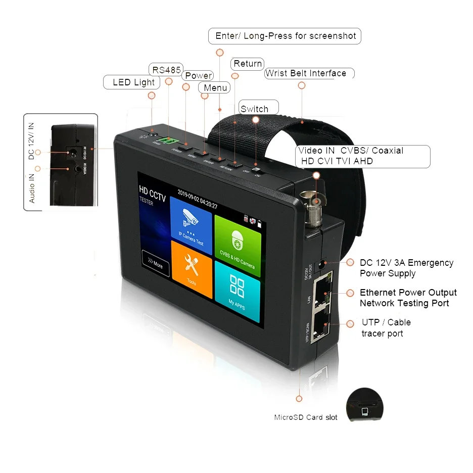 4 Inch 4K H.265/H.264 IP Camera Tester 8MP AHD/TVI / CVI CVBS CCTV Tester Monitor PTZ Controller Rapid ONVIF IPC Tester POE