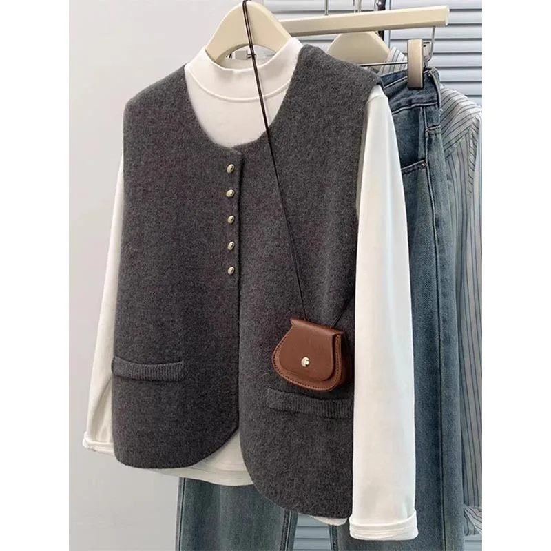 

Women's Clothing Fashion All-match Sleeveless Knit Cardigan Autumn Winter Elegant Slim Solid Button Sweater Vest Lady Chic Tops