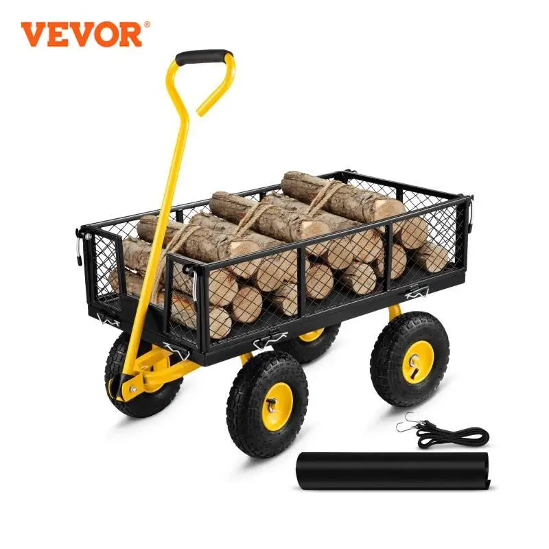 VEVOR Steel Garden Cart Heavy Duty 500/900/1200/1400lbs Capacity with Removable Mesh Sides to Convert into Flatbed Metal Wagon