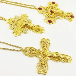 HTISOK Orthodox Cross Necklace Prayer Jesus Crucifix Pectoral Alloy Pendants Cross Chain Religious Gifts крест кулон