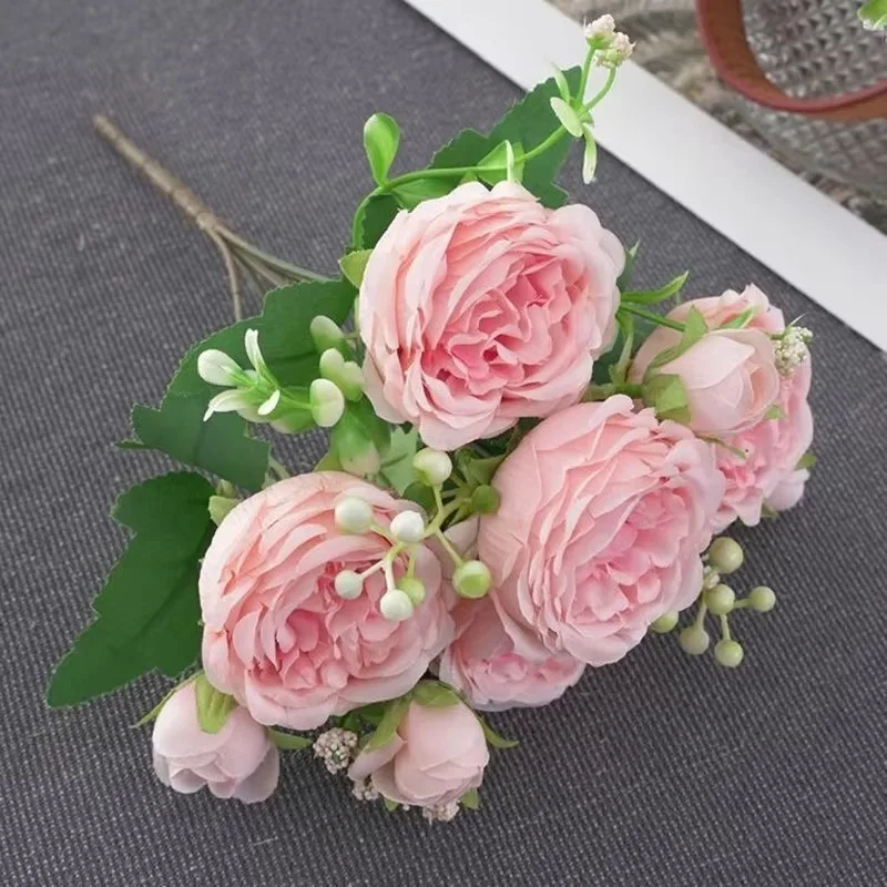 Hot Selling 30cm Rose Pink Silk Bouquet Peony Artificial Flower 5 Big Head 4 Small Bud Bride Wedding Home Decoration