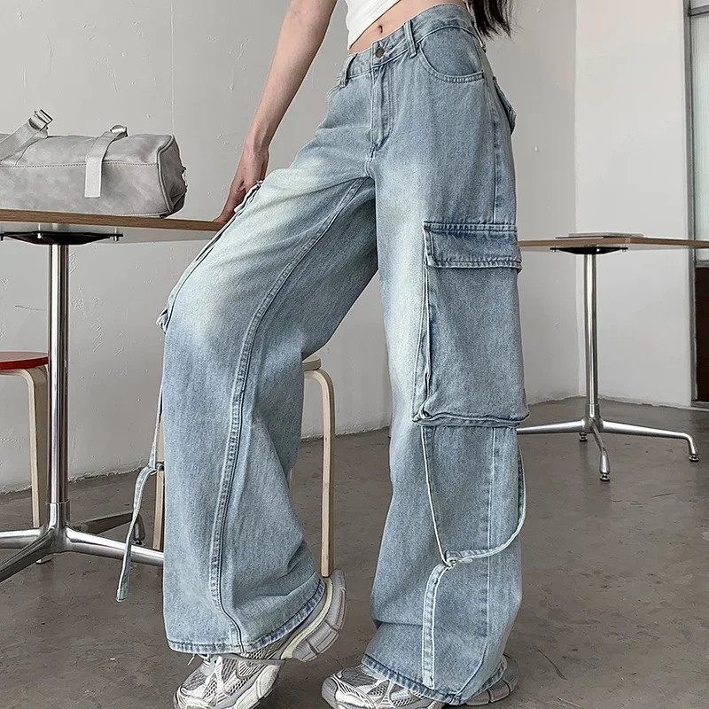 

Vintage Washed Pocket Cargo Jeans women 2000s American Retro Streetwear Casual Wide Leg Denim Pants High Waist Jean Trousers