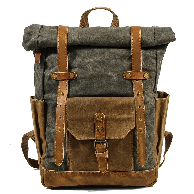 Retro American Paratrooper Pepper Salt Backpack Oil Wax Canvas Mountain Climbing Outdoor Travel Camping Waterproof Double Sho...