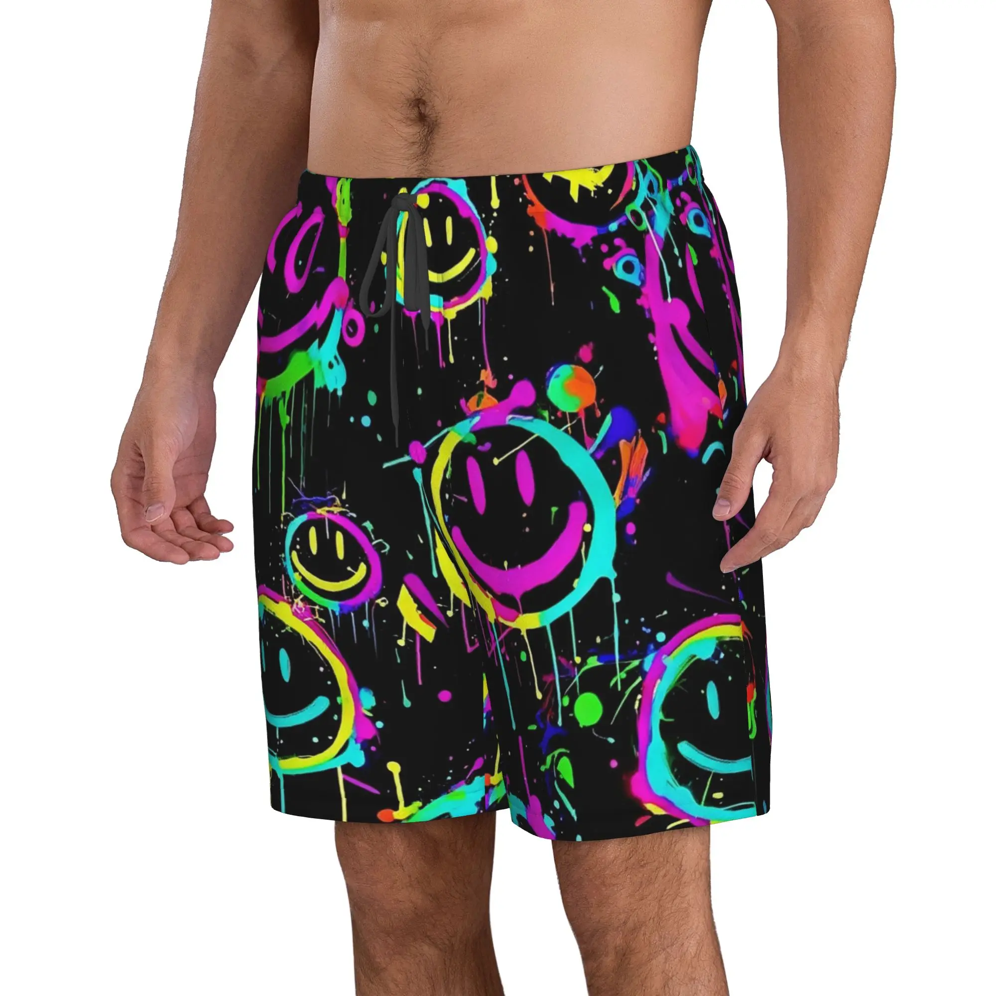 Neon Splash Smile Graffiti Print Trunks Beach Board Shorts Casual Quick Dry Swimming Summer Men Pants