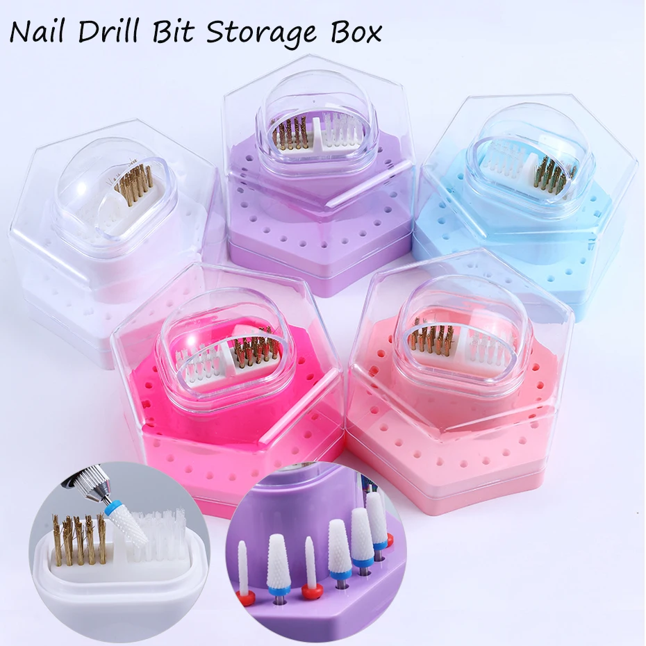 Caixa de armazenamento de brocas de unhas com 24 furos, com escova de limpeza, suporte de cabeça de moagem, organizador, acessórios de manicure, ferramenta