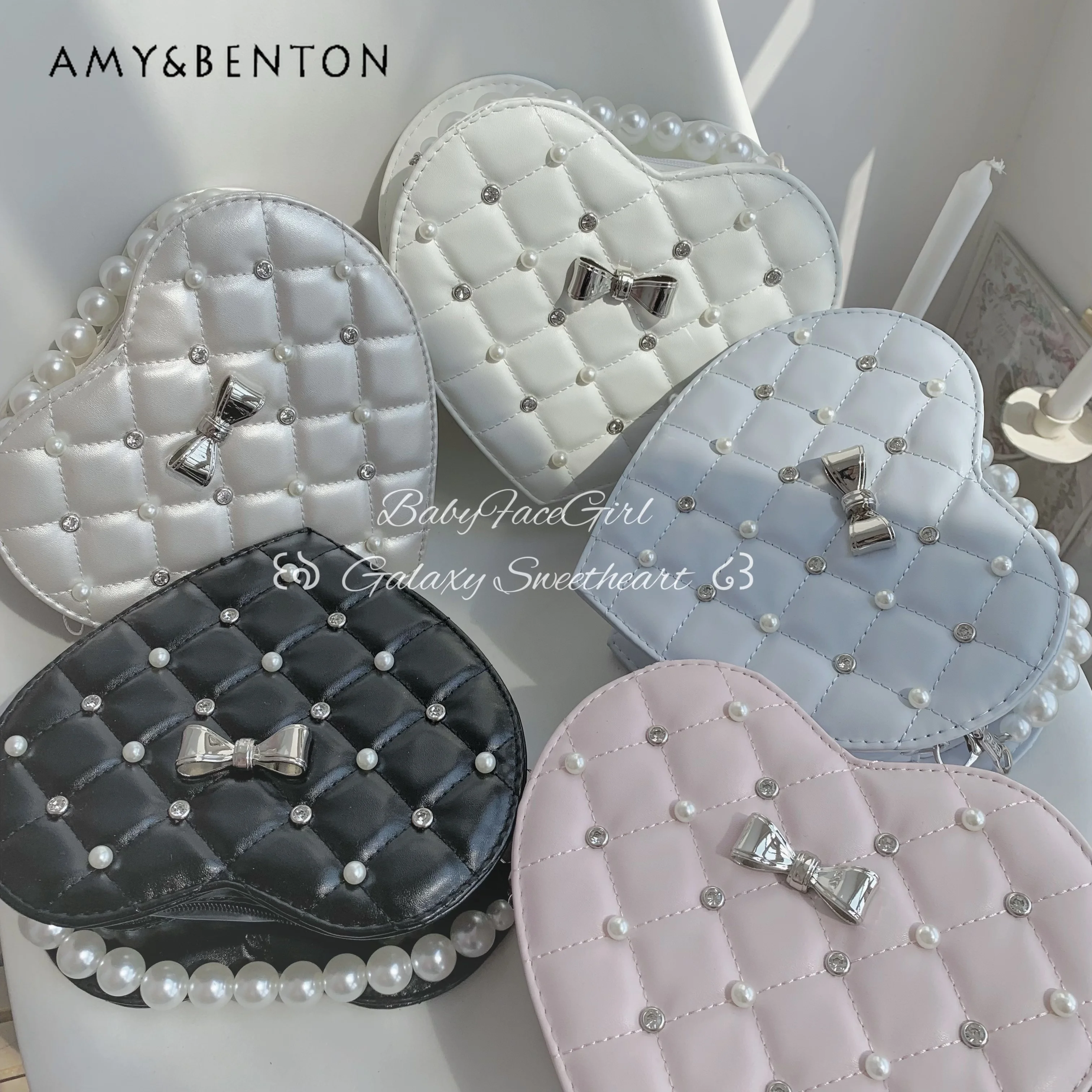 Sweetheart Girl Mass-Produced Japanese Pearl Rhinestone Bow Mine Series Heart Handbag Korean Ins Daily Shoulder Bag Women