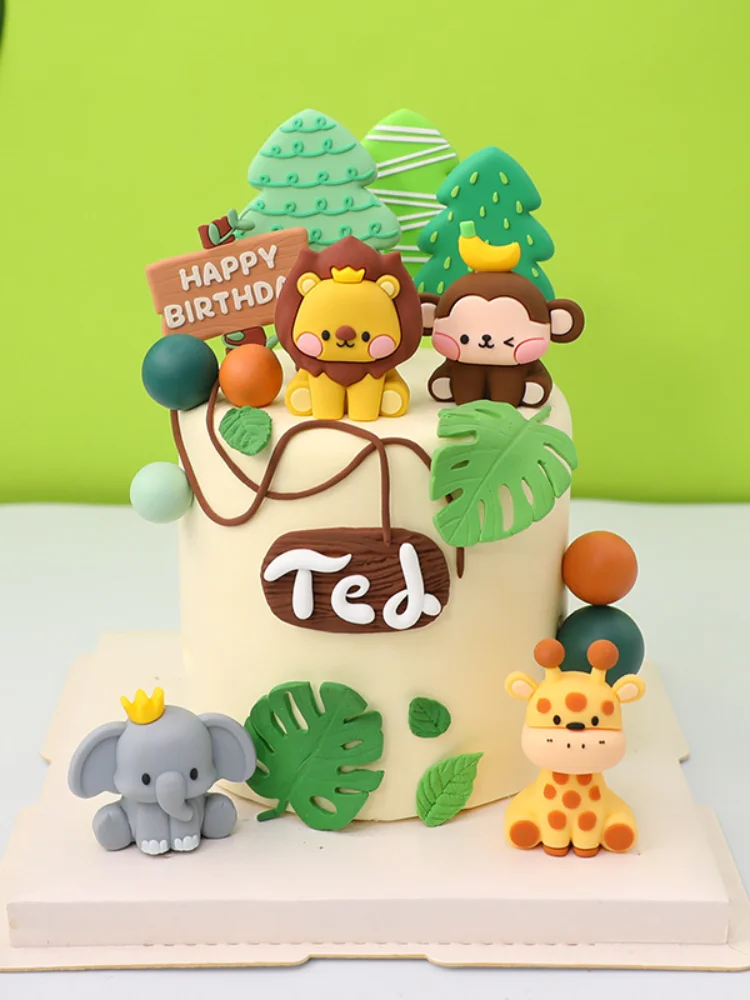 

New Animal Cartoon Cake Topper Elephant Lion Tiger Forest Jungle Safari Cupcake Decor Kids Baby 1st Birthday Party Cute Gifts