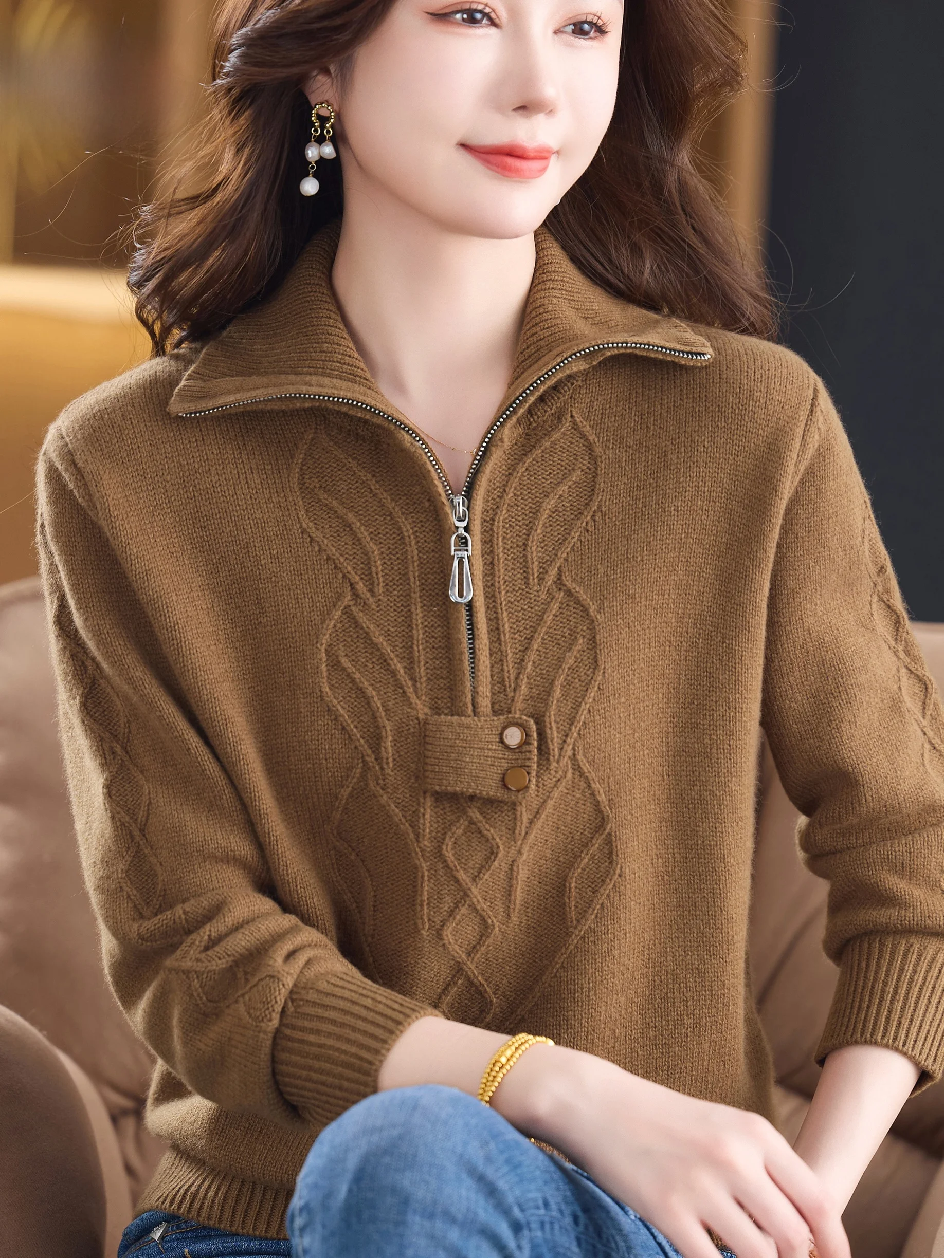 

Осень-зима Thiened, вязаный свитер из чистой шерсти для женщин с застежкой-молнией и воротником, теплый базовый слой, модный топ для беременных...