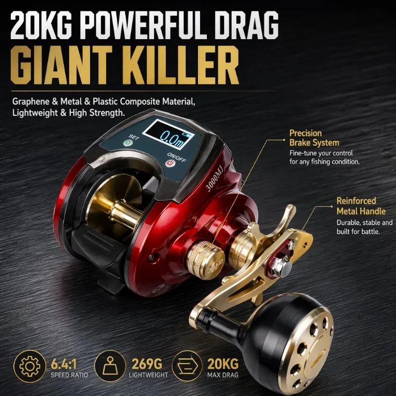 DEUKIO Digital Display Baitcasting Reel 6.4:1 20KG Max Drag 6+1BB Carbon Fiber Body Magnetic Brake USB Rechargeable Saltwater