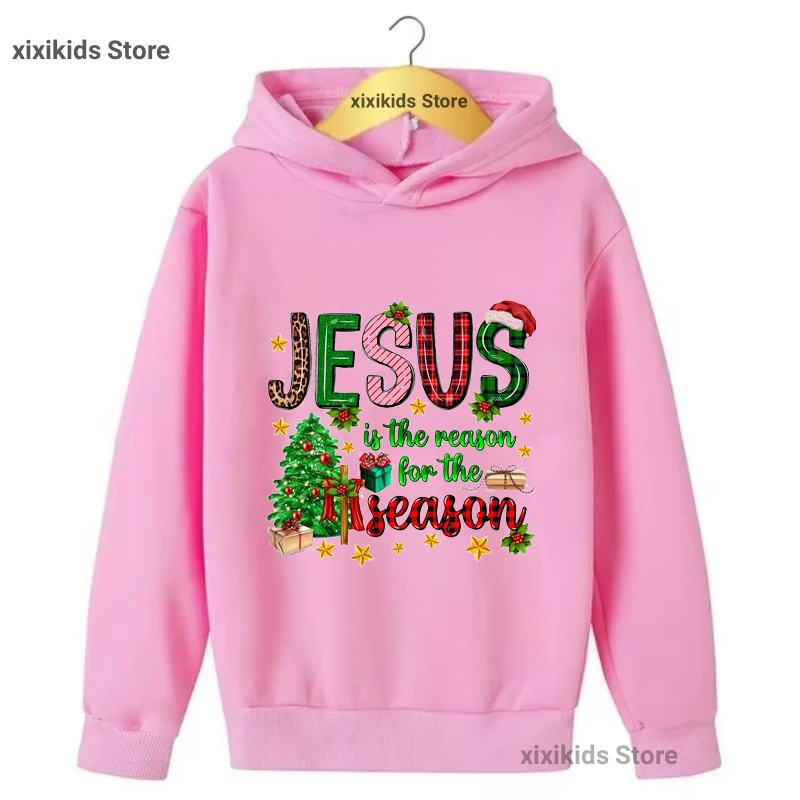 

Funny Jesus The Reason For The Season Graphic Printed Cap Hoodies Christmas Tree Gift Kids Clothes Winter Add Velvet Sweatshirt