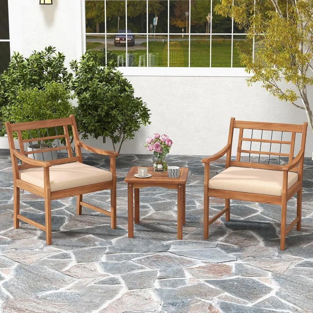 3 Piece Wood Patio Furniture Set, Outdoor Bistro Set w/Soft Seat Cushions, Solid Acacia Wood Frame, 2 Armchairs & Coffee Table