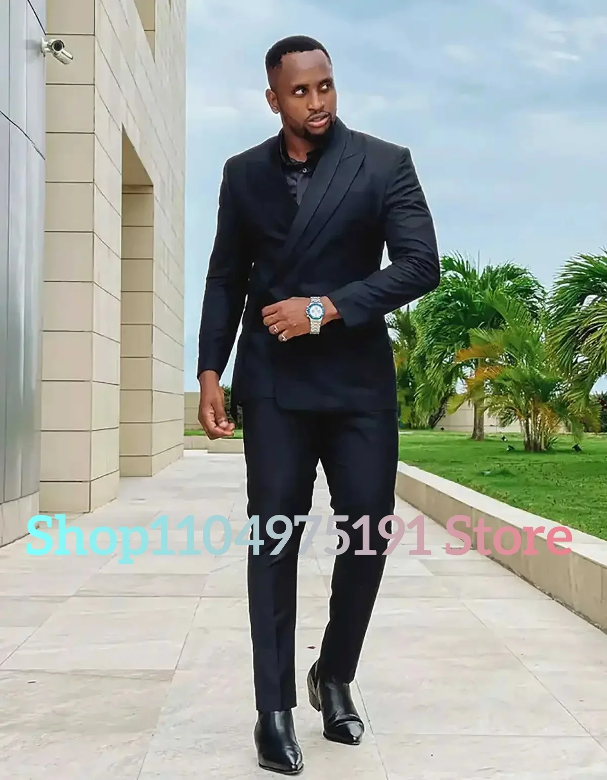 Handsome Black Men's Suits 2 Piece Double Breasted Office Business Male Suit Groom Wedding Party Dress Blazer Pants Sets