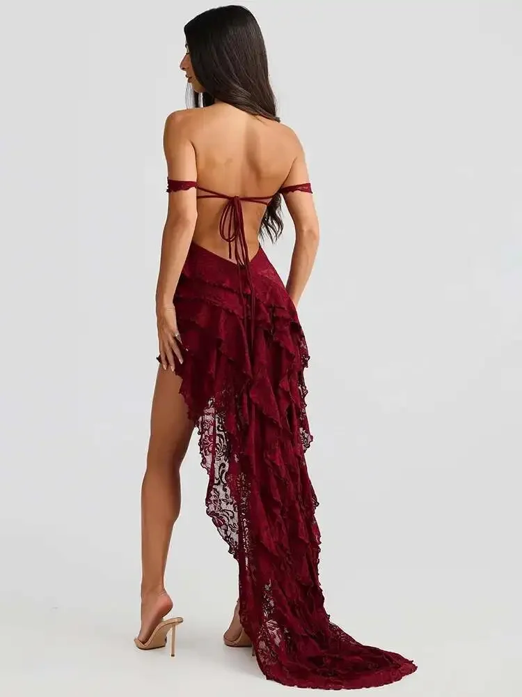 Lace Ruffle Sexy Maxi Dress Women Off-shoulder Strapless Fashion Summer Sleeveless Backless Beach Holiday Club Dress