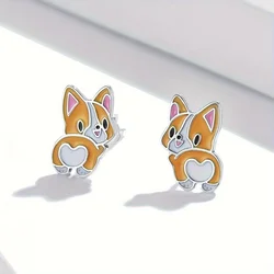 Adorable Corgi Enamel Stud Earrings for Girls, Simple Style Cartoon Dog Design, Animal Jewelry Giftniche Niche Style, Exquisite