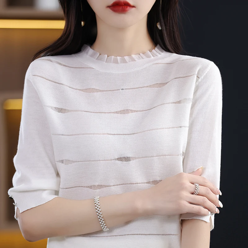 2023 Spring/Summer New Wool Knitted Half Sleeve Lace Backed Loose Ear Collar Pullover Mesh Top