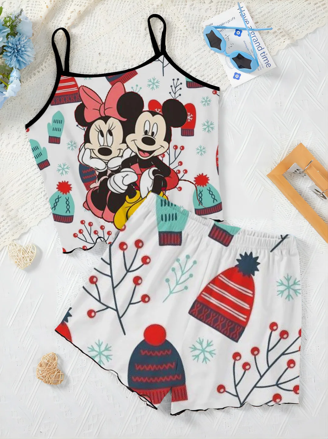 Minnie Mouse Home Dress Lettuce Trim Elegant Women's Sets for Women 2 Pieces Top T-shirt Mickey Christmas Disney Pajama Skirt