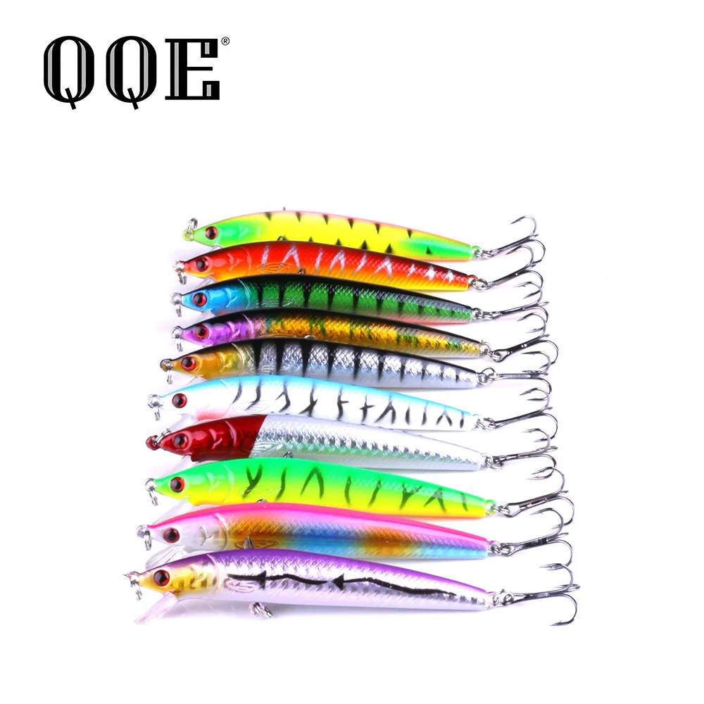 QQE Floating Minnow Fishing Lure Set 5/6/10/15Pcs Hard Swimbait with 3D Eyes Wobbler Treble Hook 10 Colors Artificial Bait