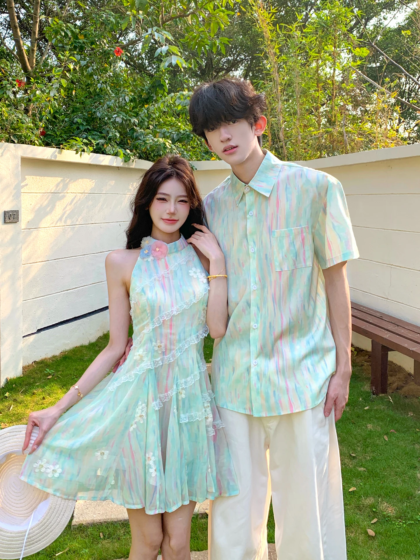 Beach Vacation Couple Outfit Summer Long Waist-Cinching Dress Shirt Set Standard Fit Short Sleeve French Style Youth Popular
