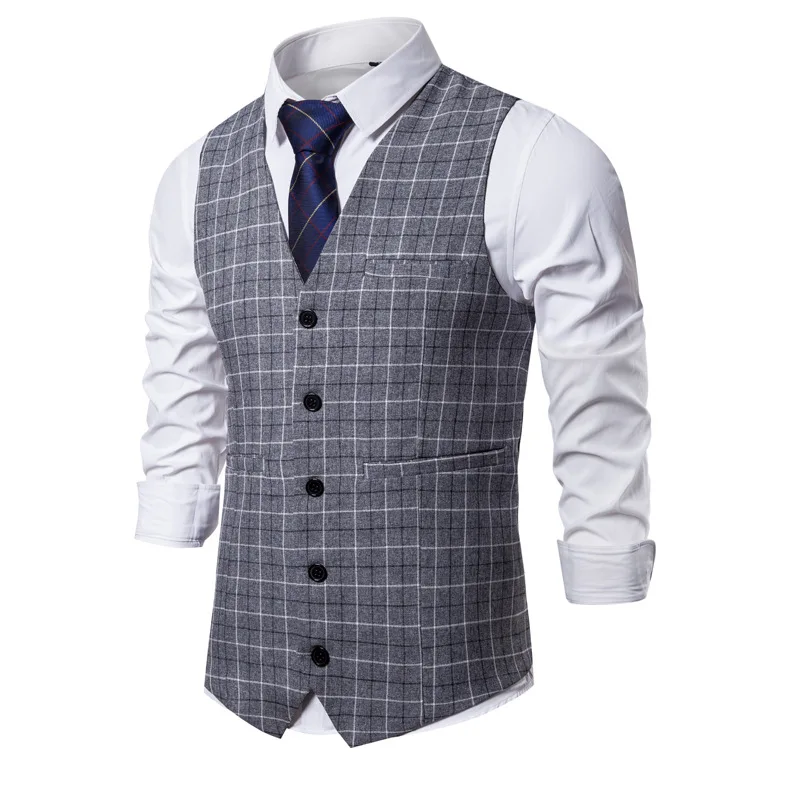 Gilet de Costume Tendance 2026 pour Hommes – Gilet Habillé Slim à Carreaux, Col V Vintage, Sans Manc