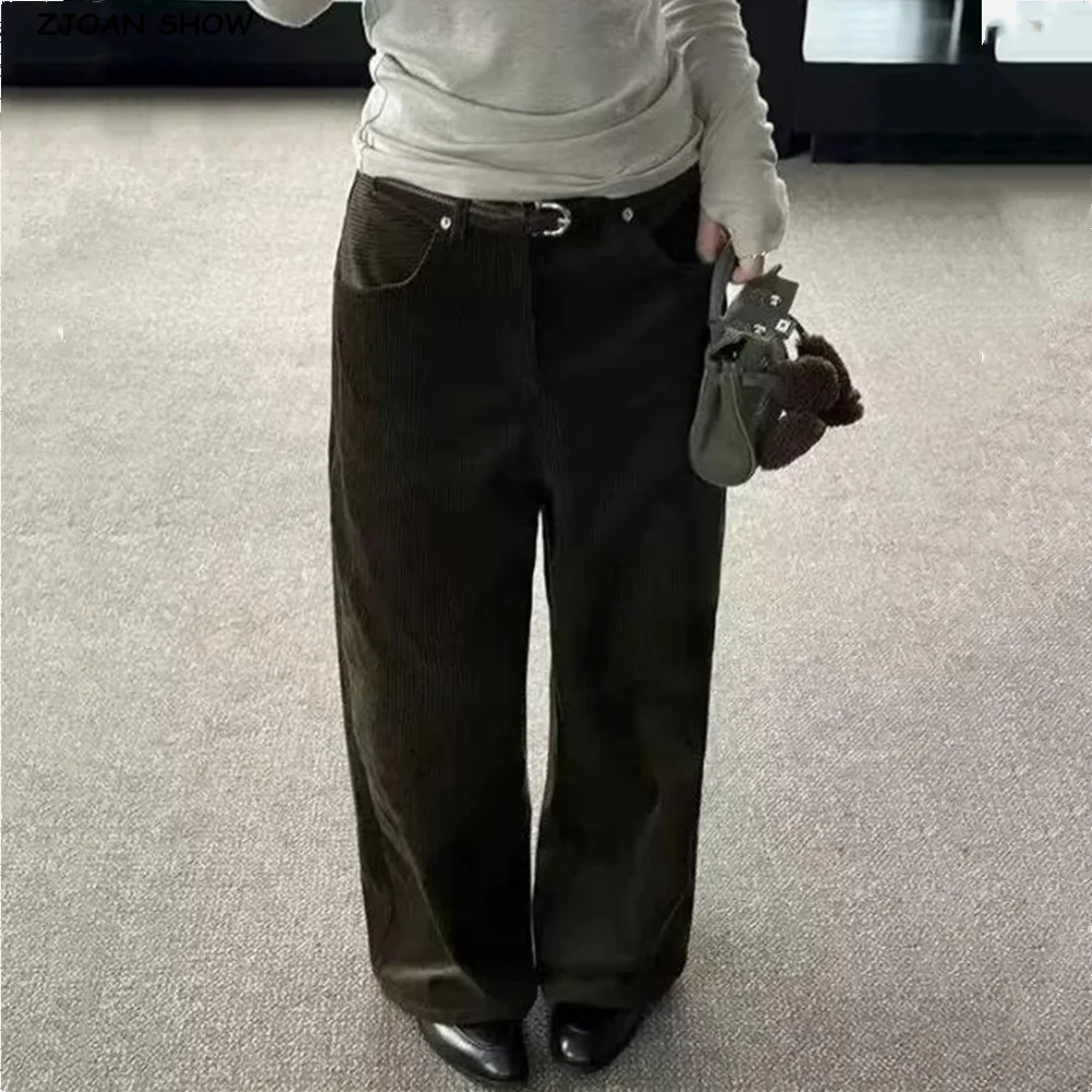 

New Vintage Army Green Corduroy Pants for Women High Waist Wide Leg Casual Trousers Loose Full Length Bottom wine red Apricot