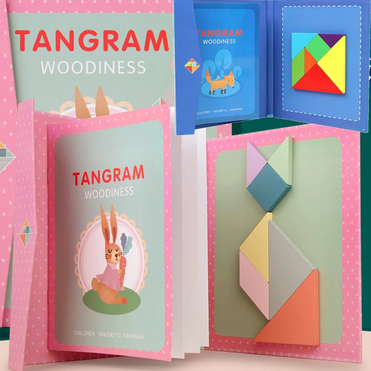 1Set Wooden Magnetic Tangram Puzzle Book Educational Toys For Children Baby Kid Portable Montessori Learning Intelligence