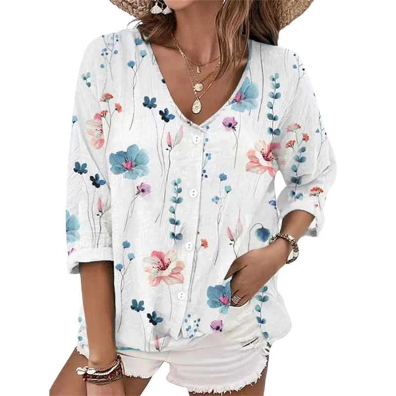 

Elegant Plants Flowers Print Chiffon Shirt Autumn Comfortable Casual V Neck Single-breasted Cardigan Blouse Ladies Commuter Tops