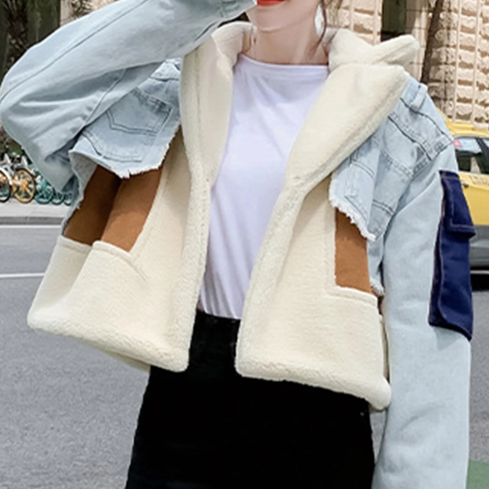 

OLOEY casual style long-sleeved wool lining thickened wide waist lapel women's jacket slim stitching wool trendy coat