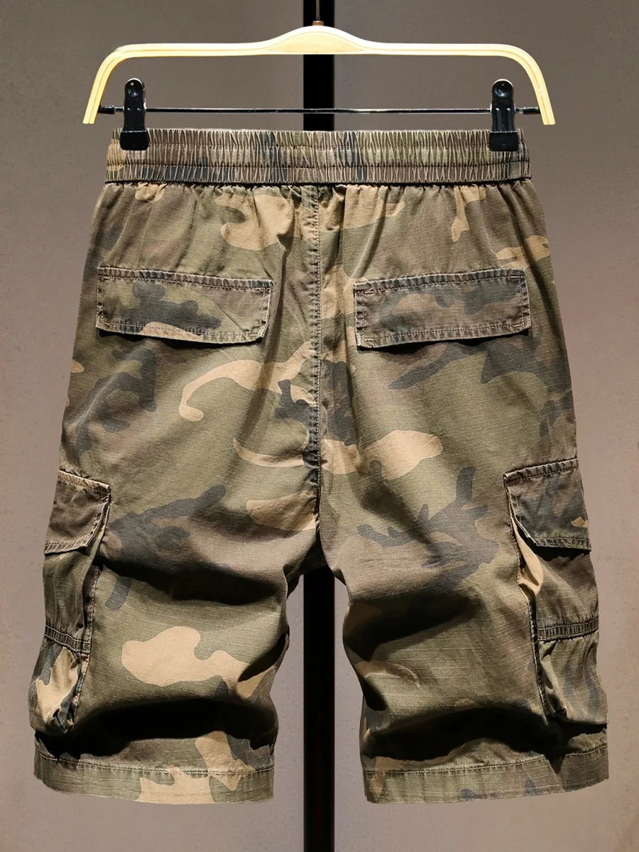 

Khaki Camouflage Work ort Pants Men's Summer Thin Loose Elastic Waist Dstring Multi-ket Five-Quarter Mid-Pants