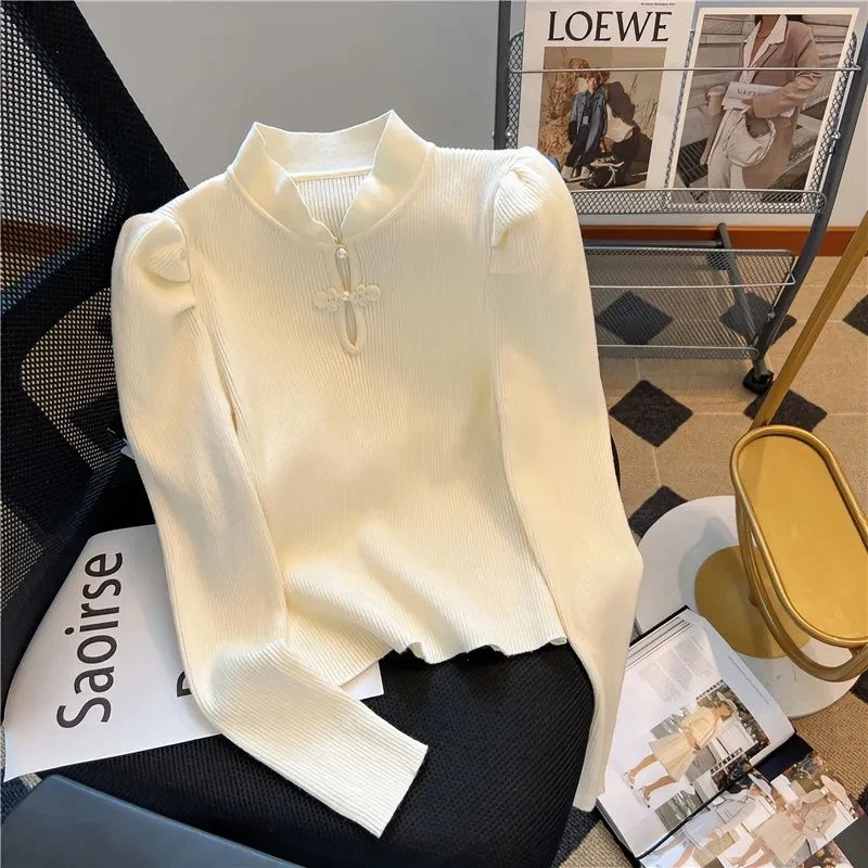 Chinese Buttoned Stand Collar Base Knitted Sweater Women's Autumn Winter Pullover Short Chinese Style Slim long Sleeved top